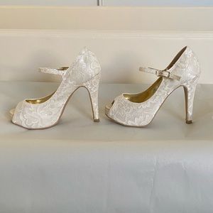 White lace heels with ankle strap
